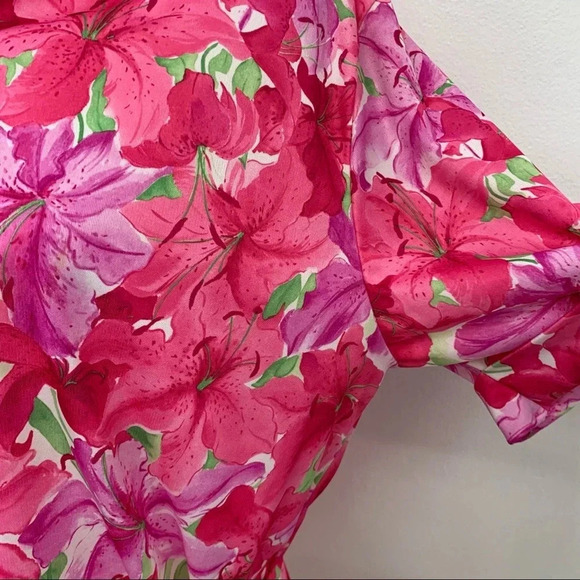 Vintage Pink Floral Blouse Large‎ Pop Over  Waist Tie Office Boho Classic USA - Picture 4 of 9